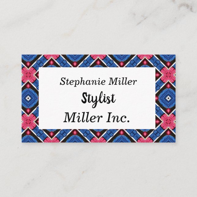 Blå och vit romb och röda cirklar visitkort (Framsida)