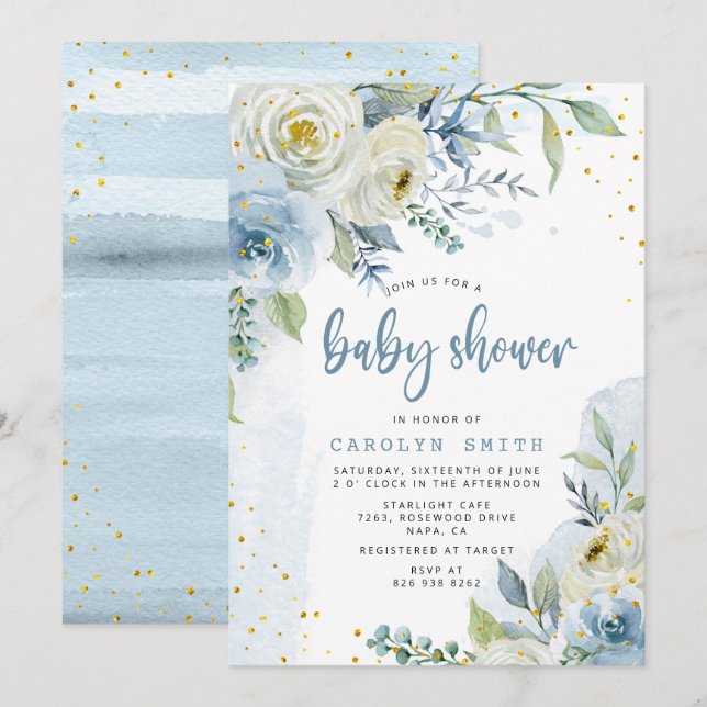 Blå och Vit ros Blommigt Gold Foil Baby Shower Inbjudningar (Fram/baksida)
