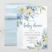 Blå och Vit ros Blommigt Gold Foil Baby Shower