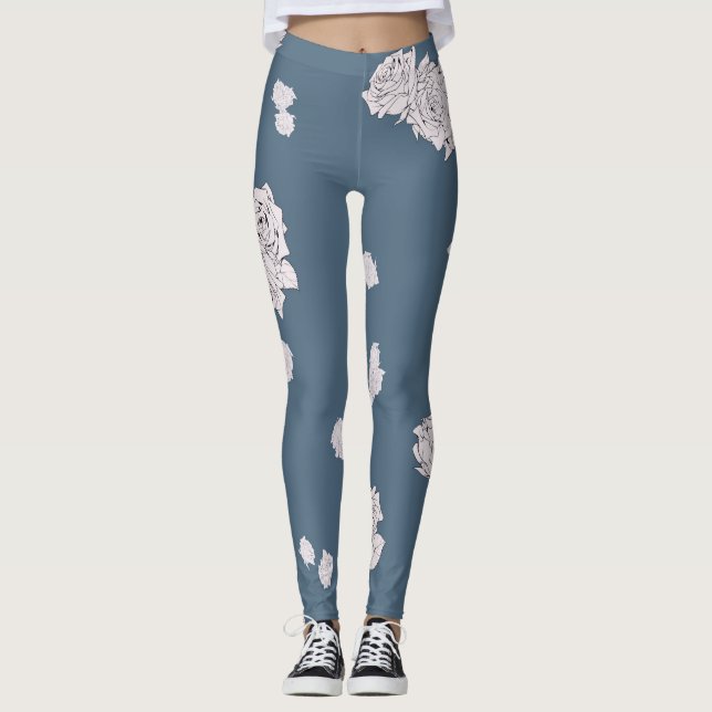 Blå och Vit ros Leggings (Framsida)