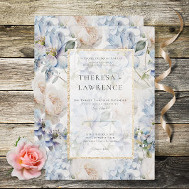 Blå och vit rustik Blommigt Guld Ram White Inbjudningar