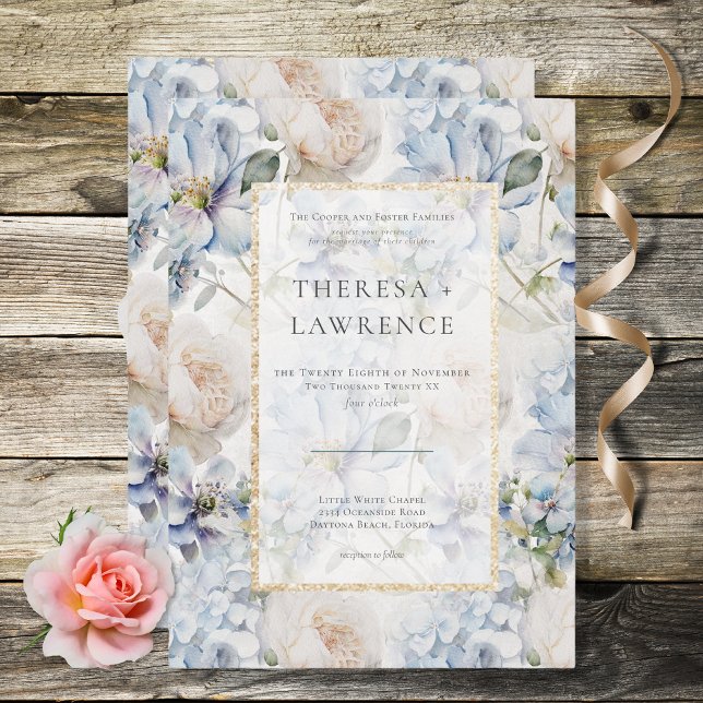 Blå och vit rustik Blommigt Guld Ram White Inbjudningar (Skapare uppladdad)