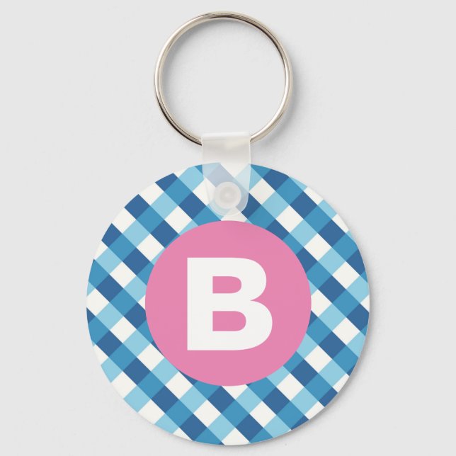 Blå och vit rutig rosa monogram nyckelring (Framsida)