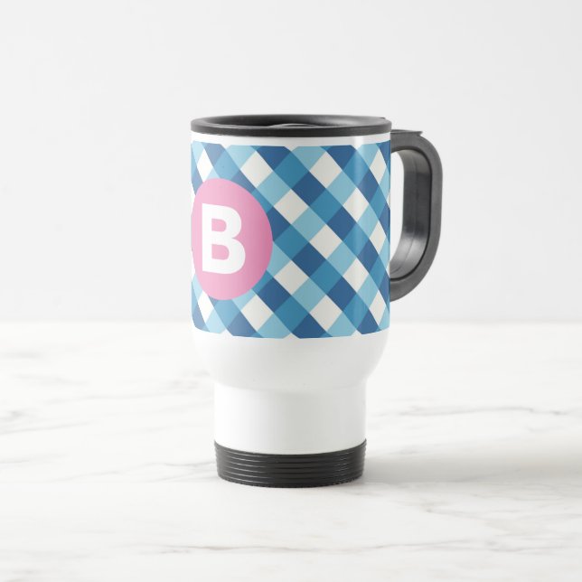 Blå och vit rutig rosa monogram resemugg (Framsida höger)