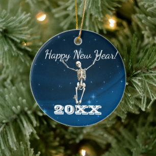 Blå och vit Santa Skeleton "jul 20xx" Ceram Julgransprydnad Keramik