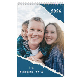 Blå och Vit Scrapbook Anpassad Familjefoto 2026 Kalender