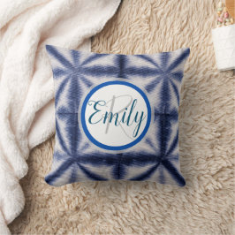 Blå och vit Shibori Circle Tie Dye Monogram Namn Kudde