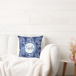 Blå och vit Shibori Circle Tie Dye Monogram Namn Kudde
