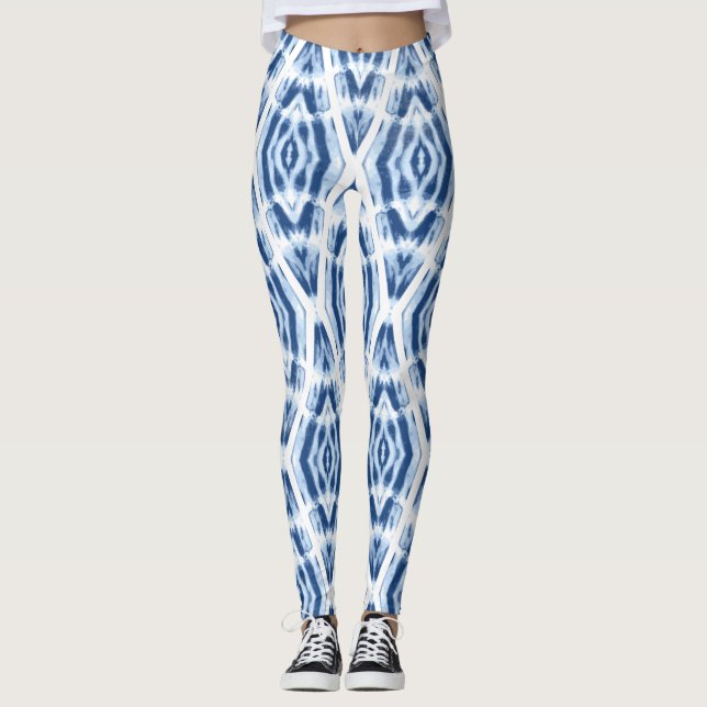Blå och vit Shibori Tie Dye Abstrakt Mönster Leggings (Framsida)