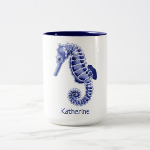 Blå och vit sjöfågel, tvåtonkaffe mugg