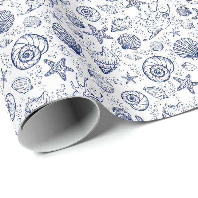 Blå och vit snigelskal sjöstjärna presentpapper (Rullad Hörn)