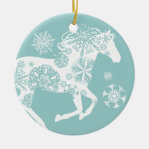 Blå och vit snöflammande julhorn julgransprydnad keramik