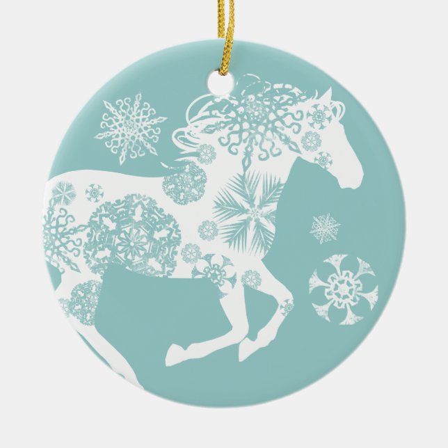Blå och vit snöflammande julhorn julgransprydnad keramik (Framsidan)