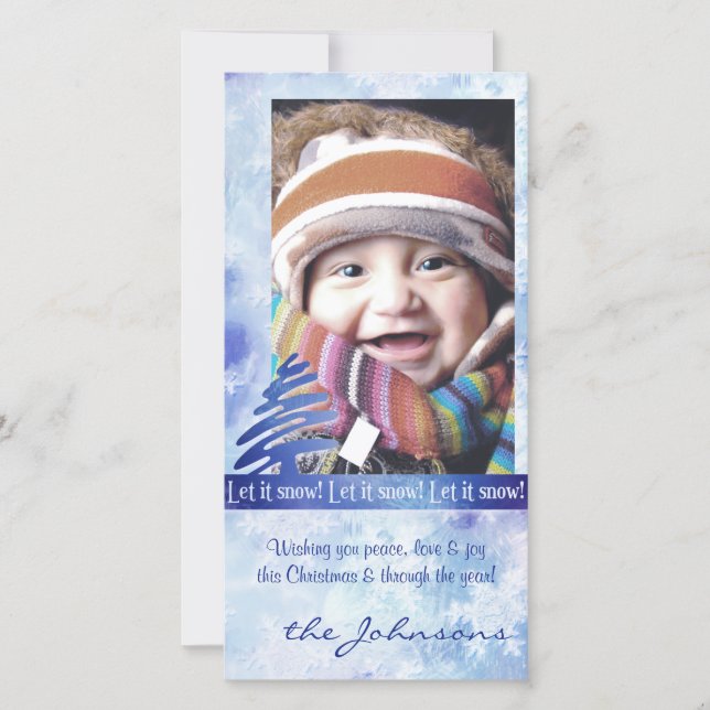 Blå och vit snöflinga "Låt det snöa"! Fotokort Julkort (Framsida)