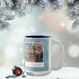Blå och vit snöflinga tvåtonkaffe Mugg