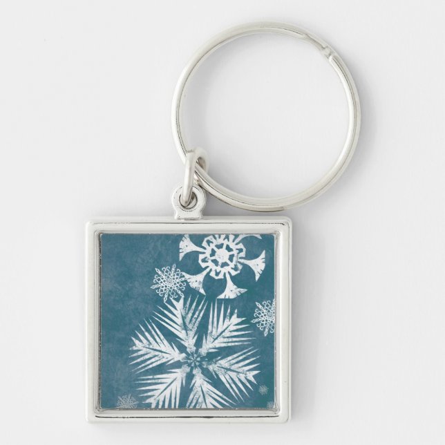 Blå och vit Snöflingor jul Fyrkantig Silverfärgad Nyckelring (Framsidan)