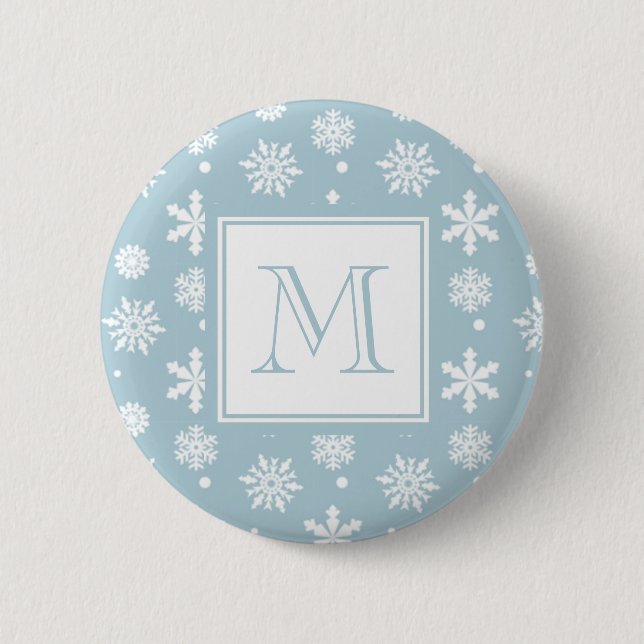 Blå och vit Snöflingor Mönster 1 med Monogram Knapp (Framsida)