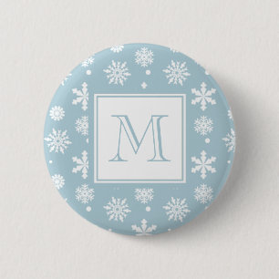Blå och vit Snöflingor Mönster 1 med Monogram Knapp
