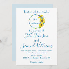 Blå och vit solros blommigt bröllop inbjudningar