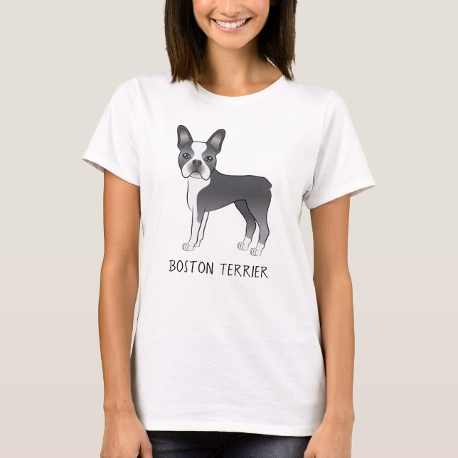 Blå Och Vit Söt Boston Terrier Hund Med Text T Shirt (Framsida)