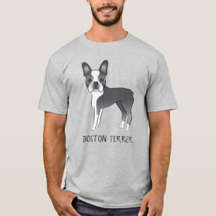 Blå Och Vit Söt Boston Terrier Hund Med Text T Shirt