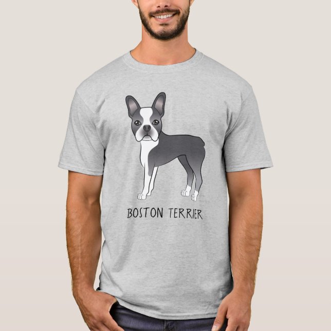 Blå Och Vit Söt Boston Terrier Hund Med Text T Shirt (Framsida)