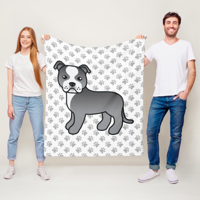 Blå och vit Staffie Söt tecknad hund & tass Fleecefilt (På plats)