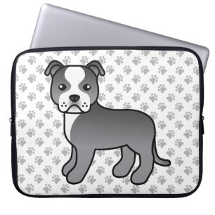Blå Och Vit Staffie Söt Tecknad Hund & Tassar Laptop Fodral