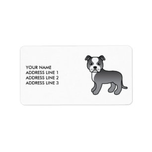 Blå Och Vit Staffie Söt Tecknad Hund & Text Adressetikett