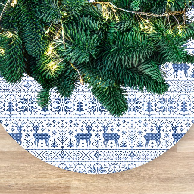 Blå och vit stickad ful jultröja mönster skriptnam julgransmatta fleece (Skapare uppladdad)