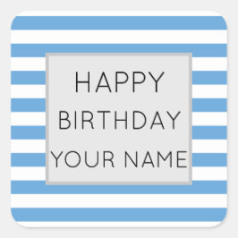 Blå och vit strimlad Grattis på födelsedagen Fyrkantigt Klistermärke