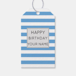 Blå och vit strimlad Grattis på födelsedagen Presentetikett