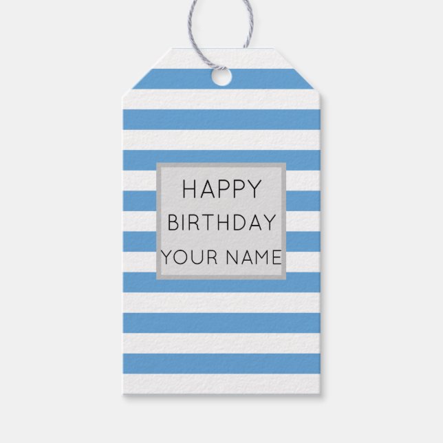 Blå och vit strimlad Grattis på födelsedagen Presentetikett (Framsidan)