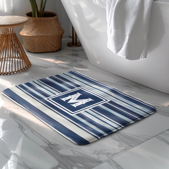 Blå och vit strimlad monogram badrumsmatta (Skapare uppladdad)