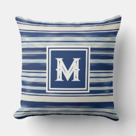 Blå och vit strimlad monogram kudde
