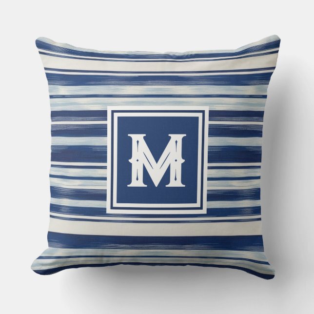 Blå och vit strimlad monogram kudde (Framsida)