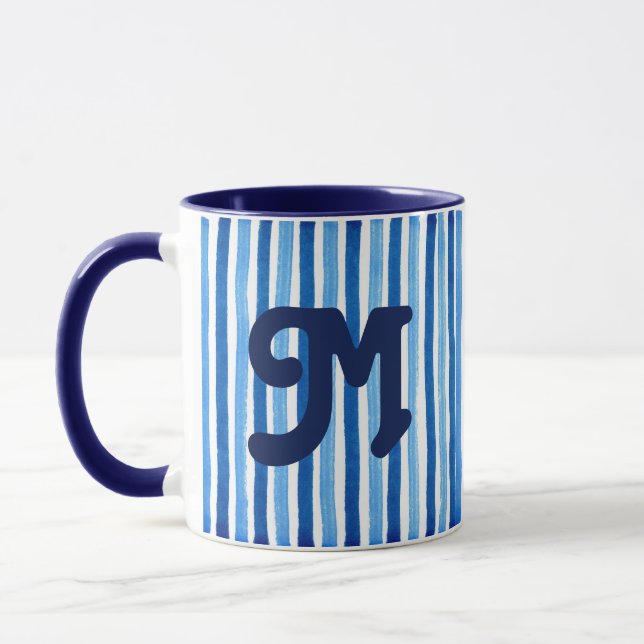 Blå och vit strimmig monogram mugg (Vänster)