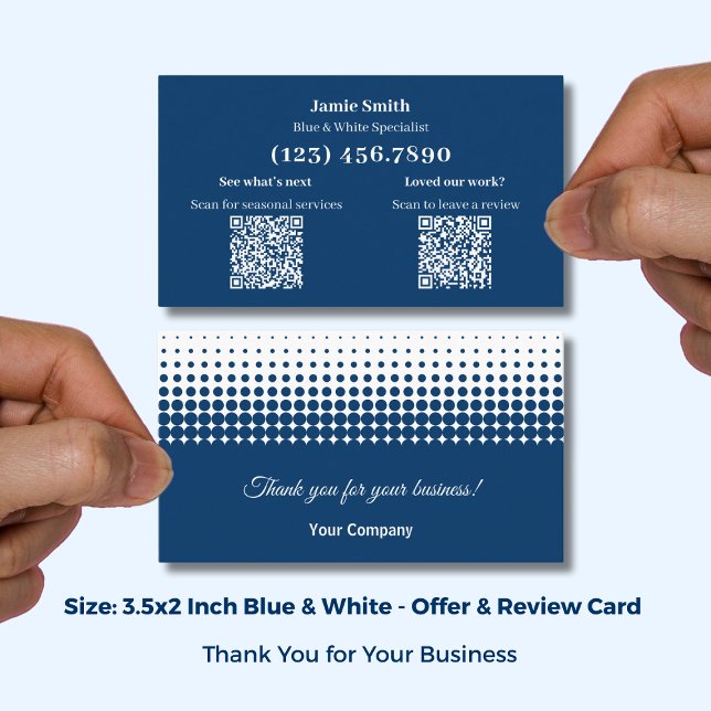 Blå och Vit - Tack med recensionsuppmaning Visitkort (Blue and White - Thank You with Review Prompt Business Card; Size 3.5x2 Inch (US) )