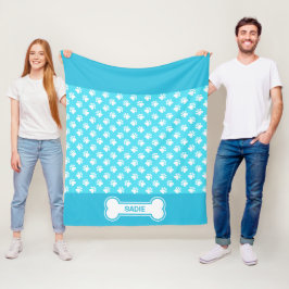 Blå och vit Tass och ben med Namn Fleecefilt