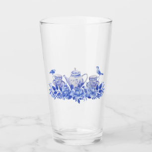 Blå och vit tea-uppsättning med fåglar glaskopp