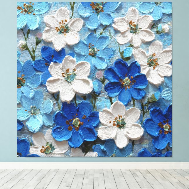 Blå och vit texturerad blomsterabstrakt väggkonst canvastryck (Insitu (trägolv))