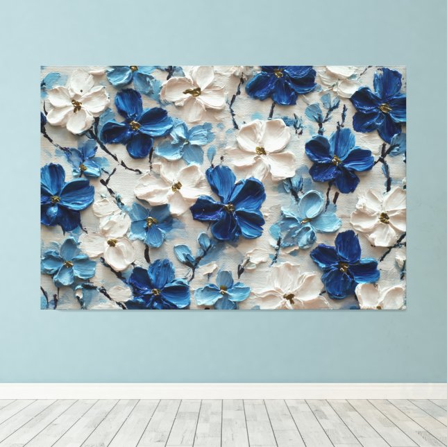 Blå och vit texturerad blomstermålning – Abstrakt Canvastryck (Insitu (trägolv))