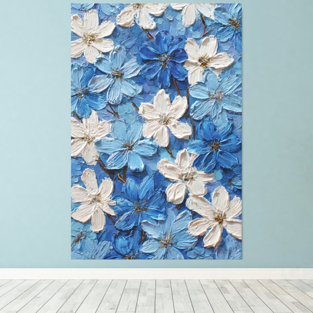 Blå och vit texturerad blomstermönstrad abstrakt v canvastryck (Insitu (trägolv))