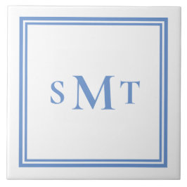 Blå och vit tre Brev-monogram Kakelplatta