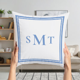 Blå och vit tre Brev-monogram Kudde