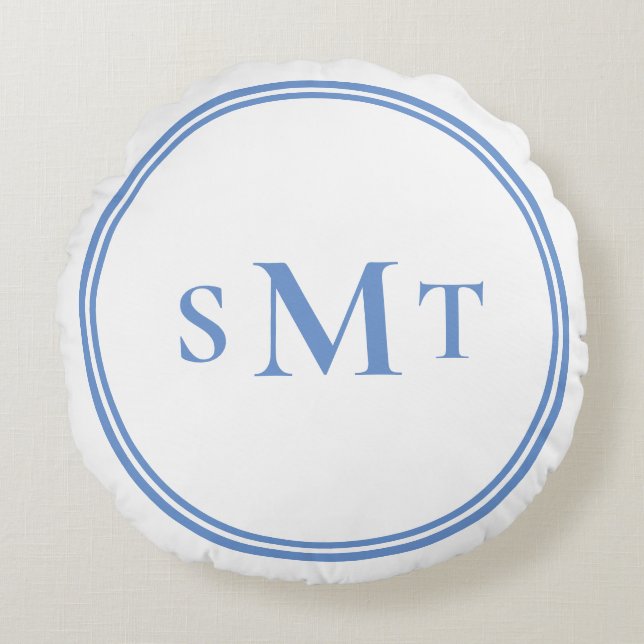 Blå och vit tre Brev-monogram Rund Kudde (Framsidan)