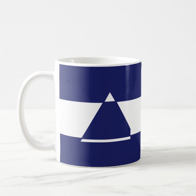 Blå och vit triangel formad kaffemugg (Vänster)