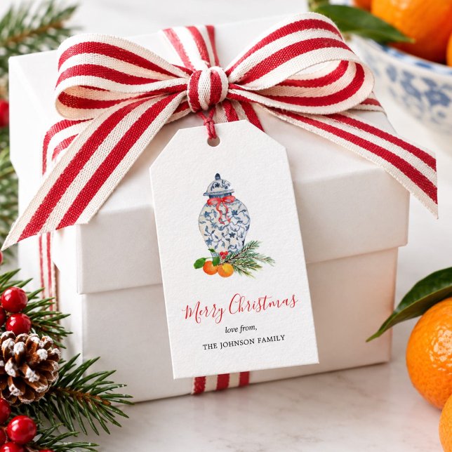 "blå och vit urn julklappsbrickor presentetikett (Skapare uppladdad)