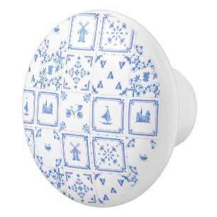 Blå och vit vattenfärg Delft Tile Mönster Knopp