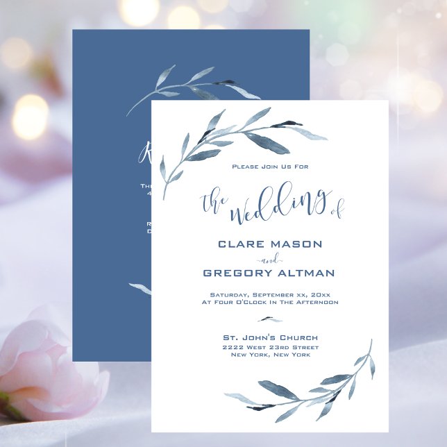 Blå och vit vattenfärg Löv Bröllop Inbjudningar (Blue and White Watercolor Leaves Wedding Invitation)